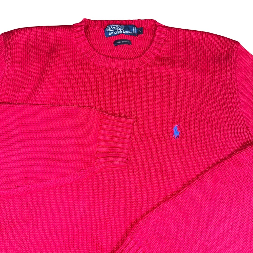 Polo Ralph Lauren Red Knit Cotton Crewneck Sweater Preppy Pony Vintage Men's L